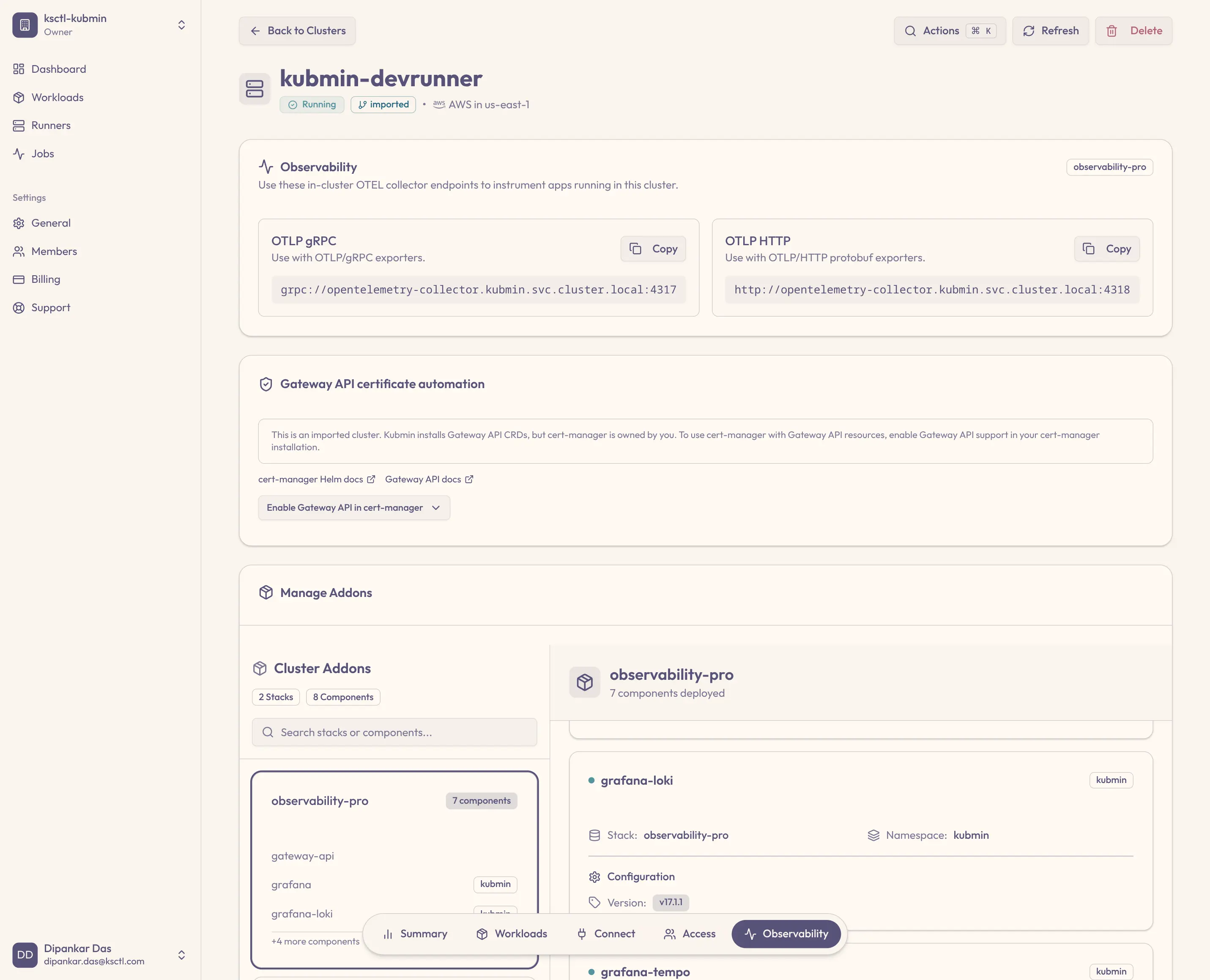 Kubmin Guided Observability setup showing choices for existing or Kubmin-managed telemetry backends