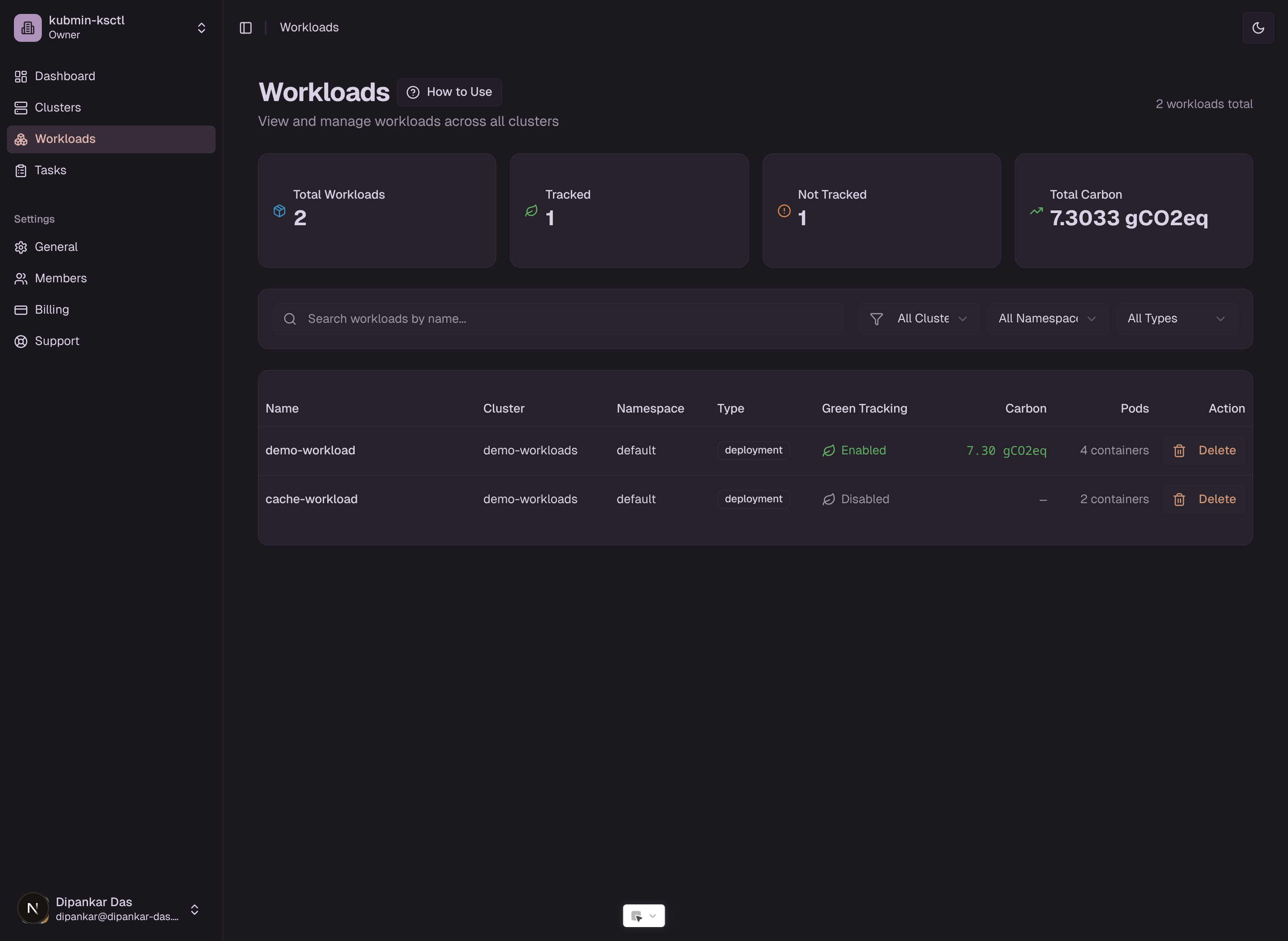 kubmin dashboard showing workload list with SCI scores and sustainability metrics