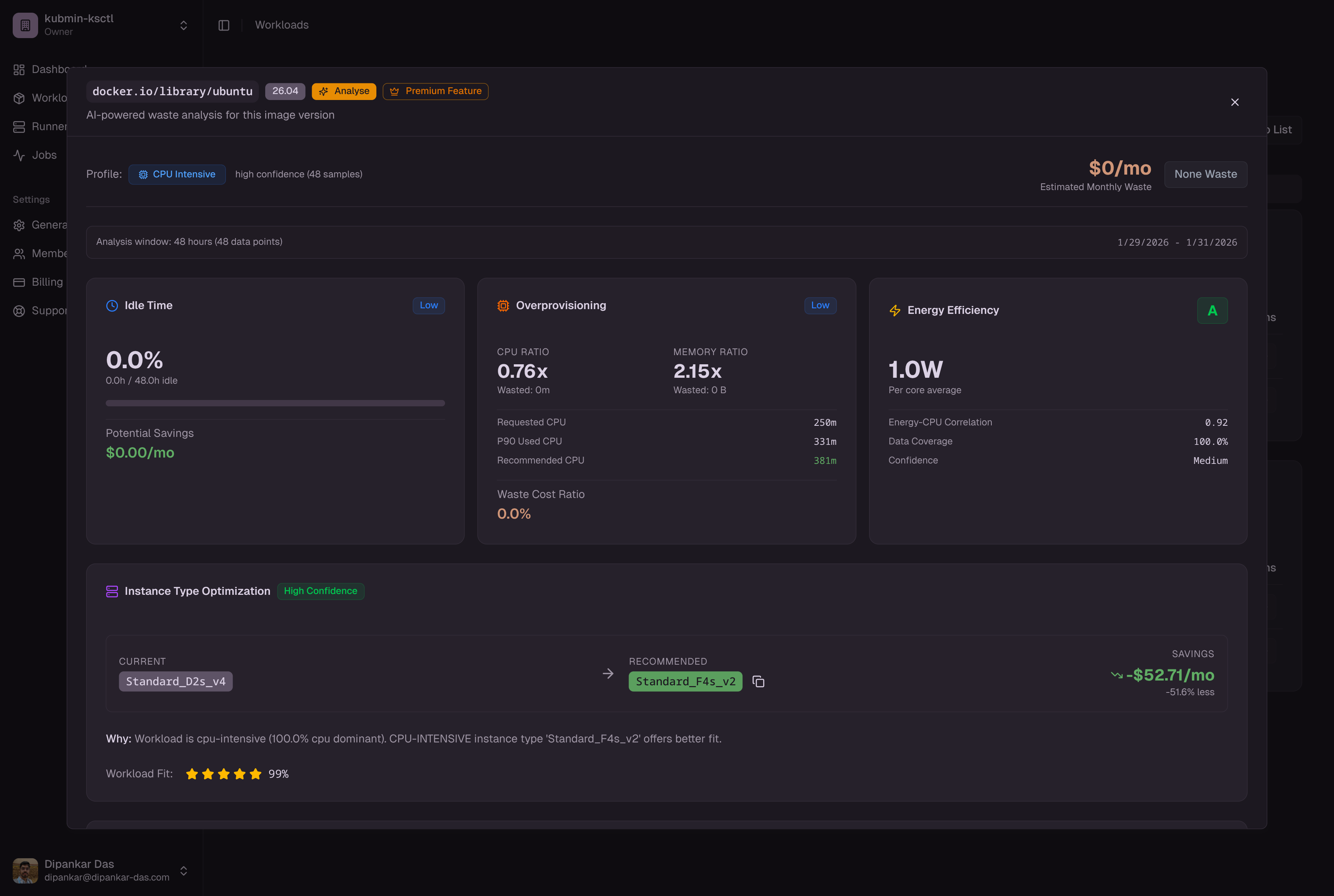 Waste analysis showing idle workloads, overprovisioning, and instance type recommendations