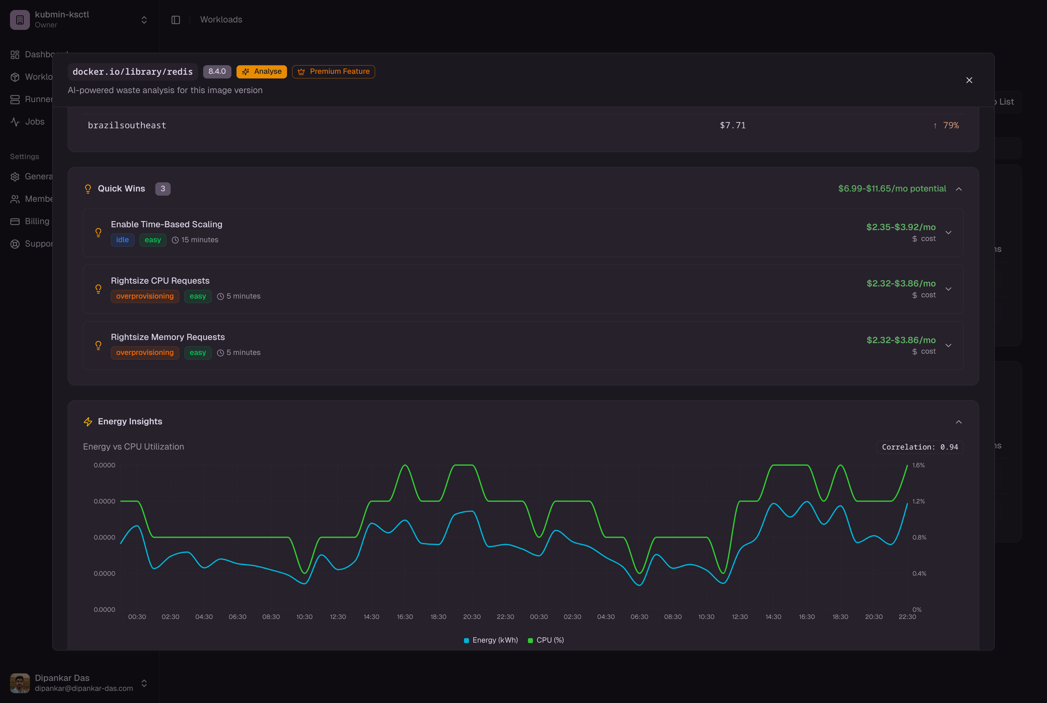 Quick Wins showing actionable kubectl commands to reduce waste