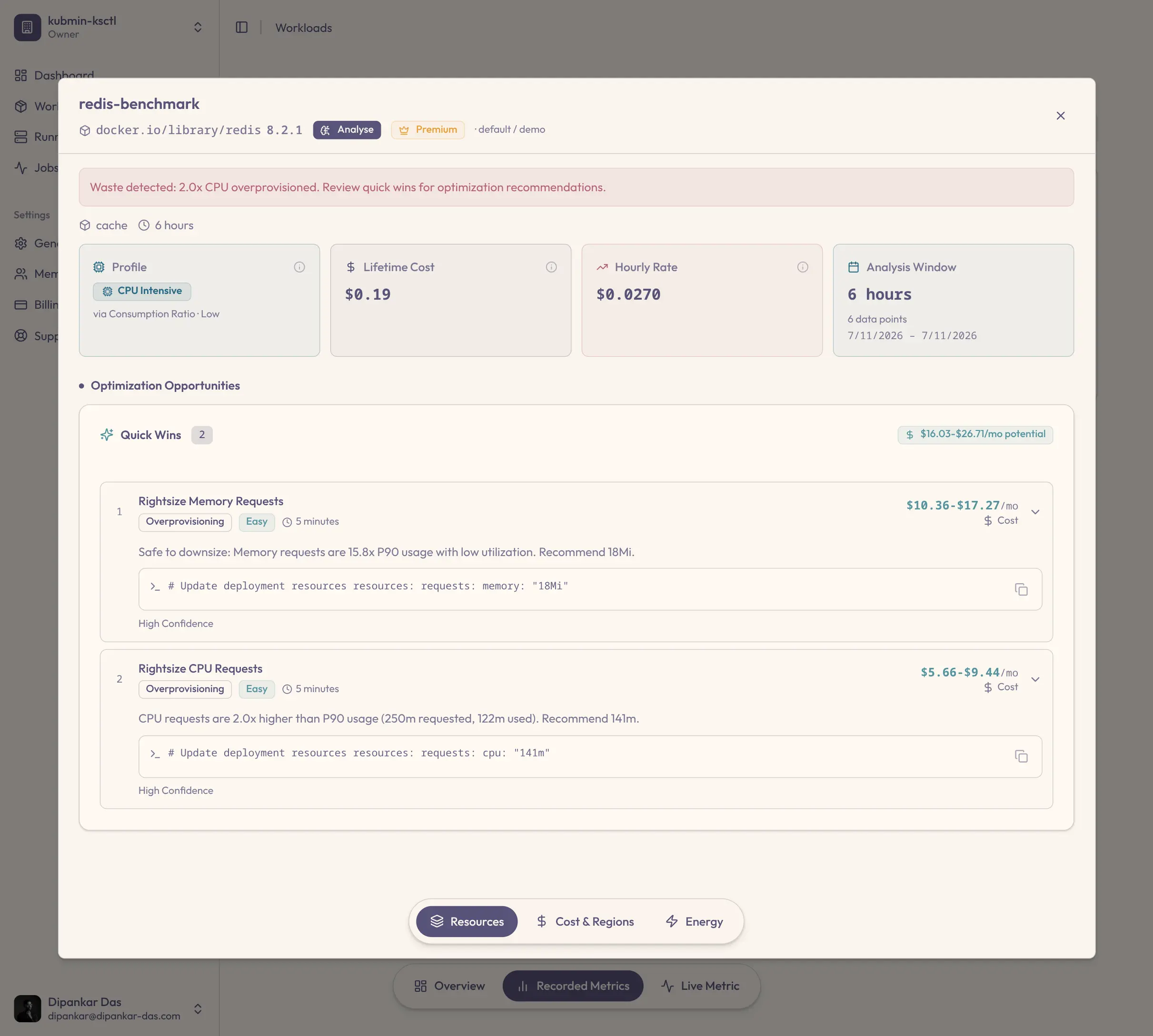 Kubmin quick wins — ranked actions with estimated monthly savings and copy-paste kubectl commands