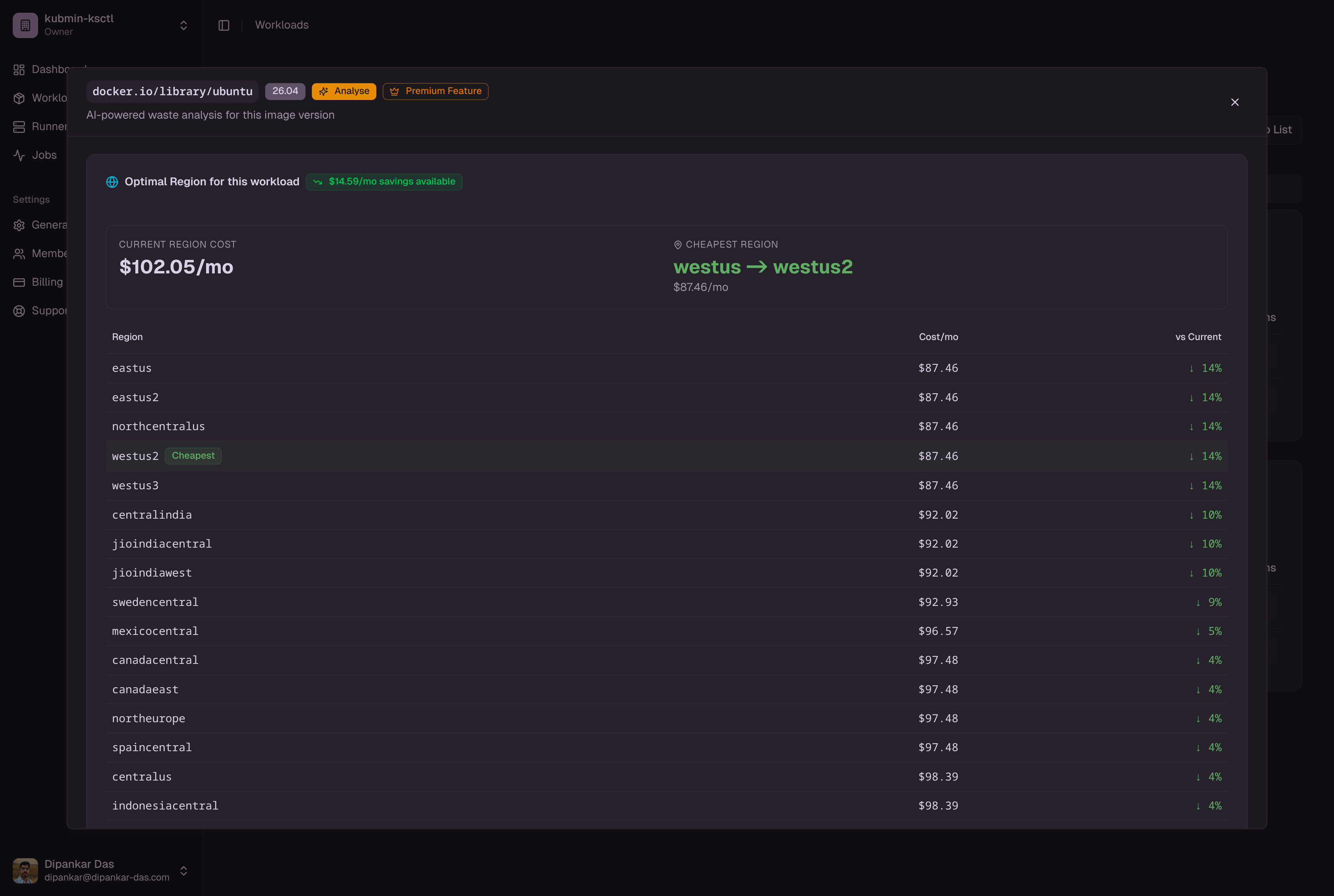 Regional cost comparison showing pricing and carbon trade-offs across regions